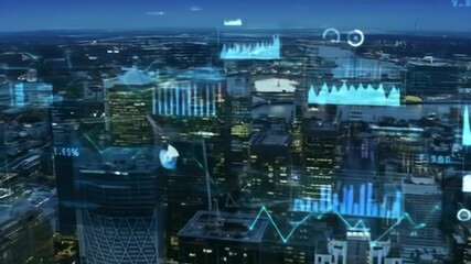 Night cityscape overlaid with translucent, glowing graphs and data visualizations - Powered by Adobe