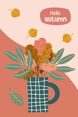 Flat vector illustration of a hand drawn autumn poster with abstract leaves shapes in mug. Composition in naive style perfect for seasonal decor.