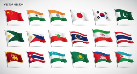 Diverse collection of asian nations flags symbolizing unity and global identity