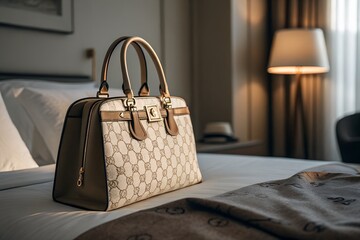 Elegant designer handbag with embossed logo pattern resting on a luxurious hotel bed with soft lighting and blurred background
