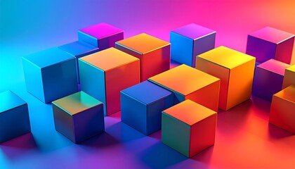 Fototapeta premium A vibrant arrangement of colorful, metallic cubes arranged in a dynamic composition against a gradient backdrop.