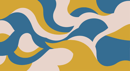 Abstract wavy pattern with flowing organic shapes in blue, yellow, and cream colors, creating a retro and dynamic background.