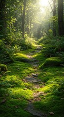 Obraz premium Sunlit forest path through mossy ground