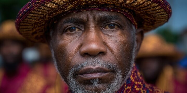 The portrait shows a mature black man with a traditional hat, capturing a moment with depth and focus.