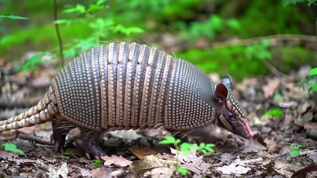 A nine-banded armadillo walks through a lush green forest on a bed of brown leaves, showcasing its unique armored shell in nature.