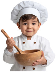 Young child dressed as a professional chef stirring ingredients in a wooden bowl in a bright kitchen setting