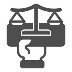 Hand and board with scales solid icon, finance and law concept. Vector graphics. Board of weigh scales in hand, justice sign on white background, glyph style icon for mobile or web design.