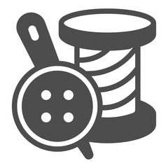 Spool of thread with button and needle solid icon, sewing tools concept. Vector graphics. Needle with cap and reel sign on white background, glyph style icon for mobile or web design.