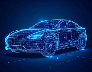 Wireframe Car Model, Digital Design, Dark Blue Background