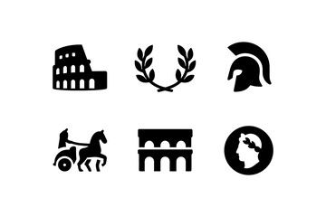 Roman icon set featuring colosseum, laurel, gladiator helmet, chariot, arch, and caesar silhouette