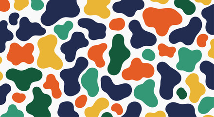 Vibrant seamless pattern featuring abstract organic blob shapes in orange, yellow, green, and dark blue on a clean white background.