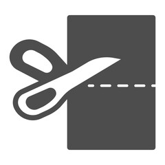 Scissors and fabric cloth solid icon, sewing theme concept. Vector graphics. Cutting tool with textile sample, handicraft sign on white background, glyph style icon of mobile or web design.