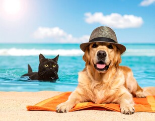 A golden retriever, wearing a hat, and a black cat relaxing on a sandy beach beside the ocean.