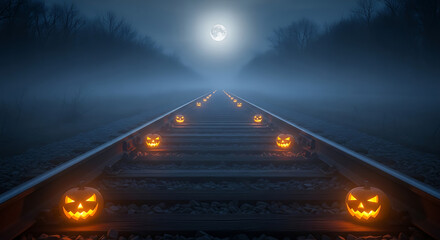 A spooky Halloween night with Jack O' Lanterns lining a foggy train track under a full moon