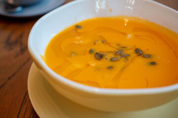 Pumpkin seed soup in a bowl