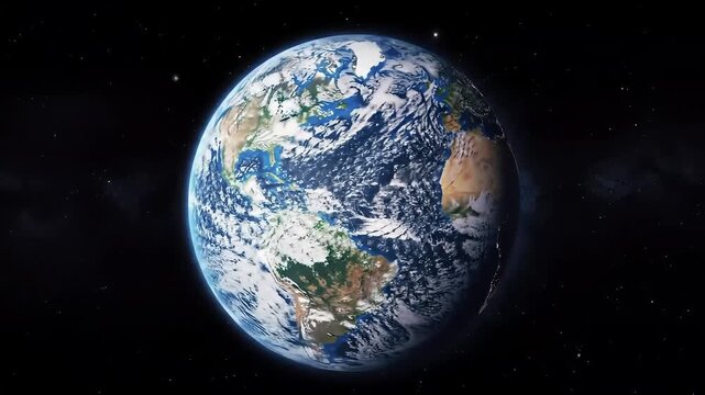 High-resolution realistic Earth from space showing Americas, blue oceans, and white clouds. Stunning cosmic planet globe view.