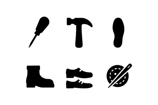 Footwear and shoe repair tools icons set in silhouette style - Powered by Adobe