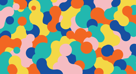 Vibrant abstract pattern with colorful organic blob shapes in orange, yellow, blue, teal, and pink, creating a playful and modern background.