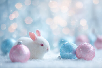 White rabbit pastel ornament snow gentle winter background blue and pink bauble festive cute animal soft light dreamy holiday