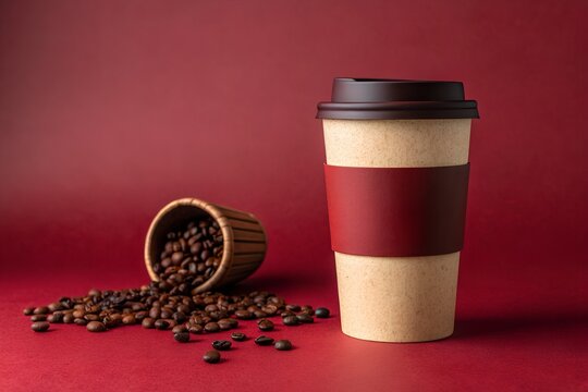 A tall paper coffee cup with a dark lid and maroon sleeve sits next to a small overturned wooden bowl spilling roasted coffee beans onto a rich red background