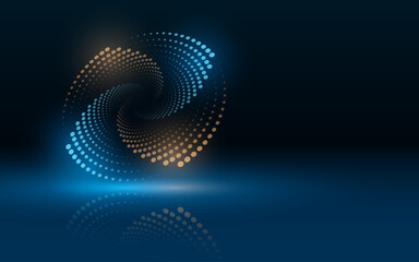 Abstract template of gold and blue light dotted glowing lines on black background with reflection. Vector illustration.