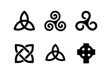 Celtic symbol collection: intricate knot and spiral designs in black