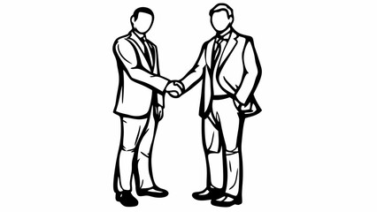 Two businessmen in suits shaking hands in a black and white line drawing illustration style and design
