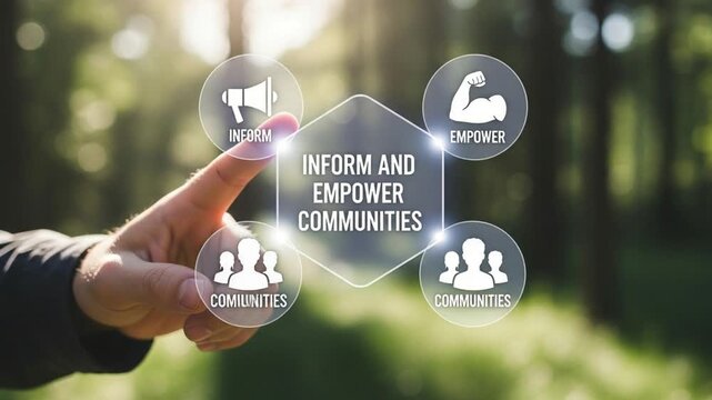 Hand touching inform and empower communities hexagon with icons in nature background view outdoors