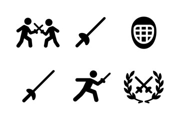 Fencing icons collection: silhouette figures and equipment symbols