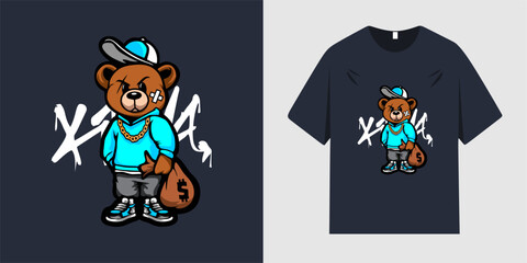 Cool teddy bear in metal style. Urban retro grunge. Cool slogan text. Vector illustration design for fashion graphics, t-shirt prints.