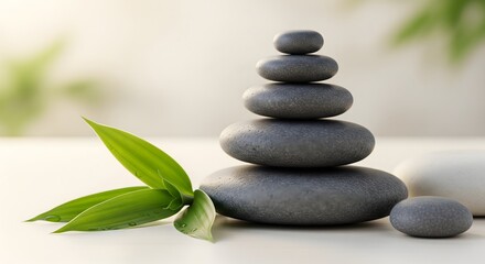 Obraz premium Balanced stack of spa stones with green leaves offers relaxation.