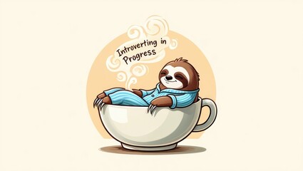 Cute cartoon sloth relaxing inside a large coffee cup with the phrase  Slothing is my superpower,  creating a cozy humorous vibe. Generative AI.