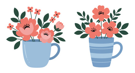 Two blue mugs with pink flowers and green leaves on white background