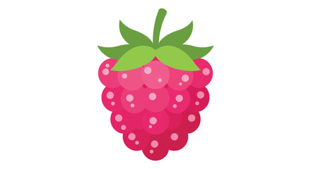 A pink raspberry with green leaves on a white background