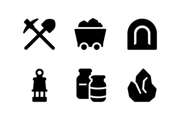 Mining icons set: tools, tunnel, cart, miner lamp, crystals