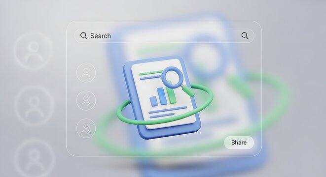 Closeup 3d view of a financial report with magnifying glass and user icons