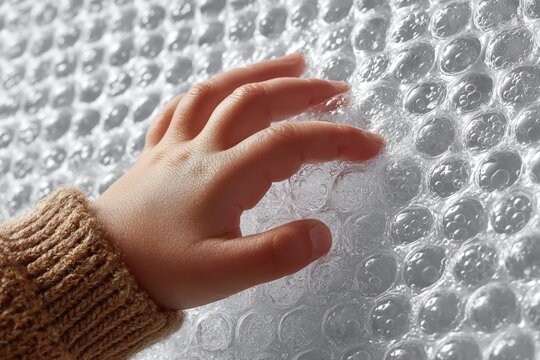 Close-up of adult fingers pressing individual bubble wrap bubbles with copy space. Gentle light. Plain off-white background.  - Powered by Adobe