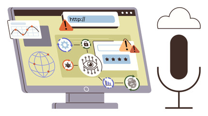 Computer screen with security alerts, global network, and malicious icons near a microphone and cloud symbol. Ideal for cybersecurity, data safety, privacy, tech risks, hacking prevention, website
