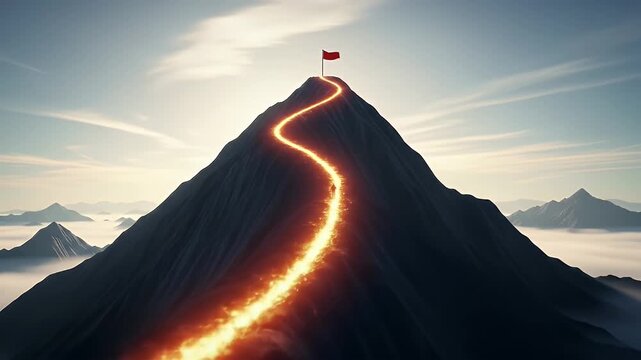 Mountain peak with a glowing path and a flag