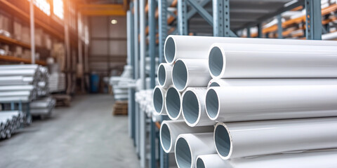 Large stack of white pipes in industrial warehouse space Generative AI