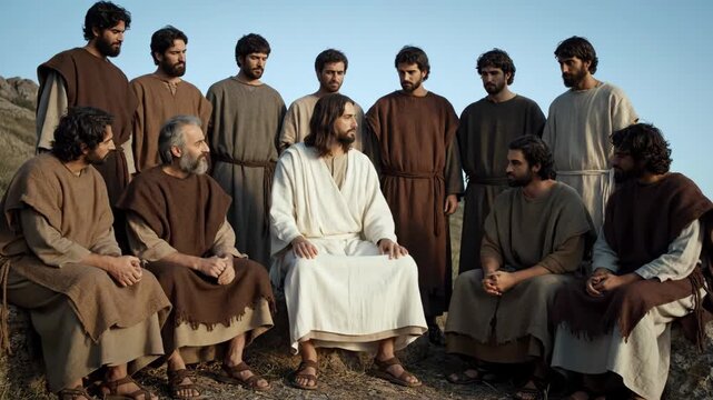 Jesus Teaching His Apostles - Jesus Christ sits among his twelve apostles, instructing and leading them in a lively discussion.