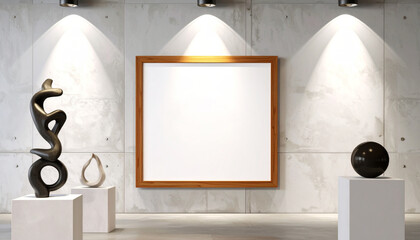 Artistic Expression in the Gallery: Elegant abstract sculptures and an empty frame are illuminated by spotlights in a modern art gallery setting.