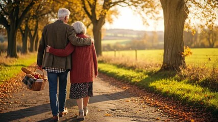 A loving and active elderly couple walks arm in arm down a country lane for a romantic picnic on a beautiful and sunny autumn day in the countryside
- Powered by Adobe
