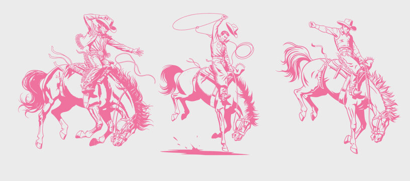 Wild West Rodeo Cowboy Illustration. Frontier Cowboy Spirit. Retro Western Rodeo Rider. A vintage illustration of rodeo cowboy. Cowboy action on bronco. Bronco Buster Rodeo Cowboy Action Sketch.