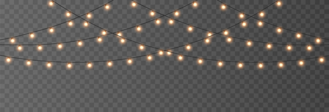 Christmas garland png. Bright Christmas golden lights. Christmas decoration for holiday design.