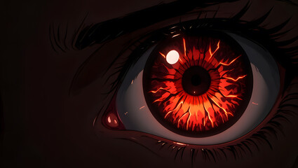 Fiery Anime Eye: Close-up, Dark Mood, Intense Gaze, Digital Art, Red Iris, Glowing Cracks.