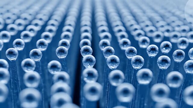 Rows of clear spherical droplets on thin upright rods