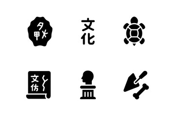 Minimalist black icons of cultural symbols and archaeology elements