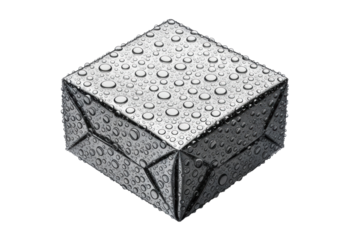 Slightly high angle shot of crumpled, highly reflective aluminum foil covered in glistening spherical water droplets distorting reflections against a seamless transparent background, concept of