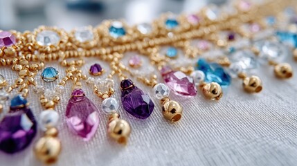 Close-Up of Colorful Beaded Necklace with Gold Accents